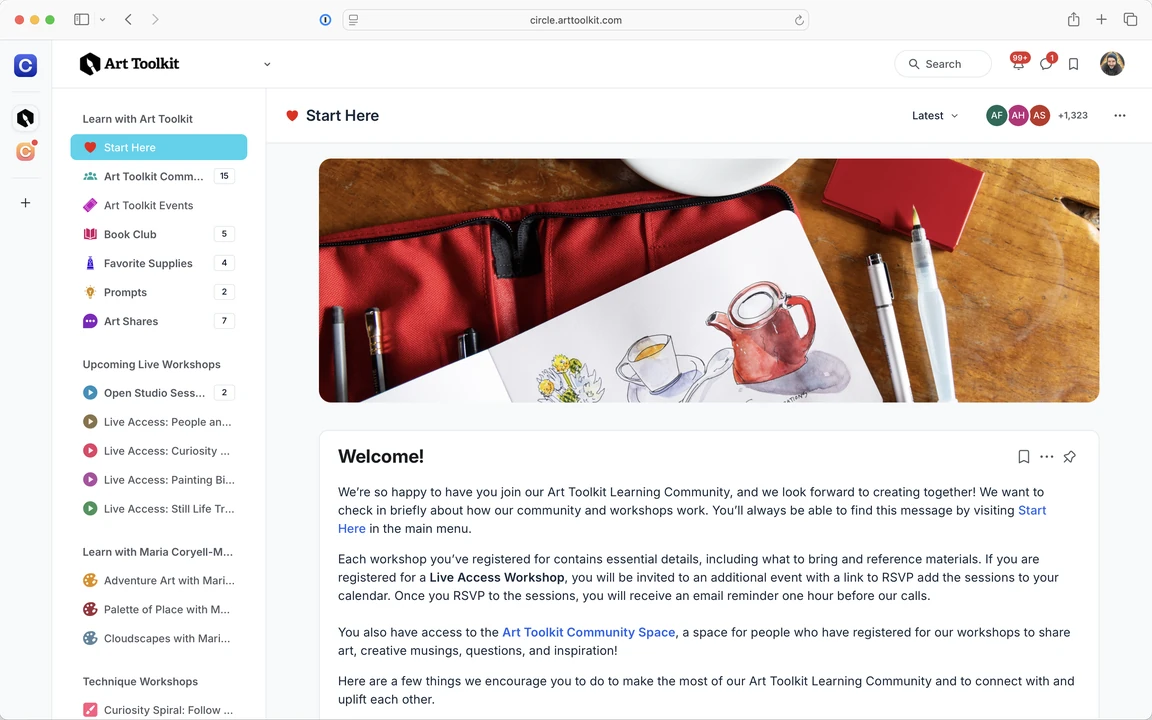The Art Toolkit Learning Community on Circle, showing workshop and discussion channels